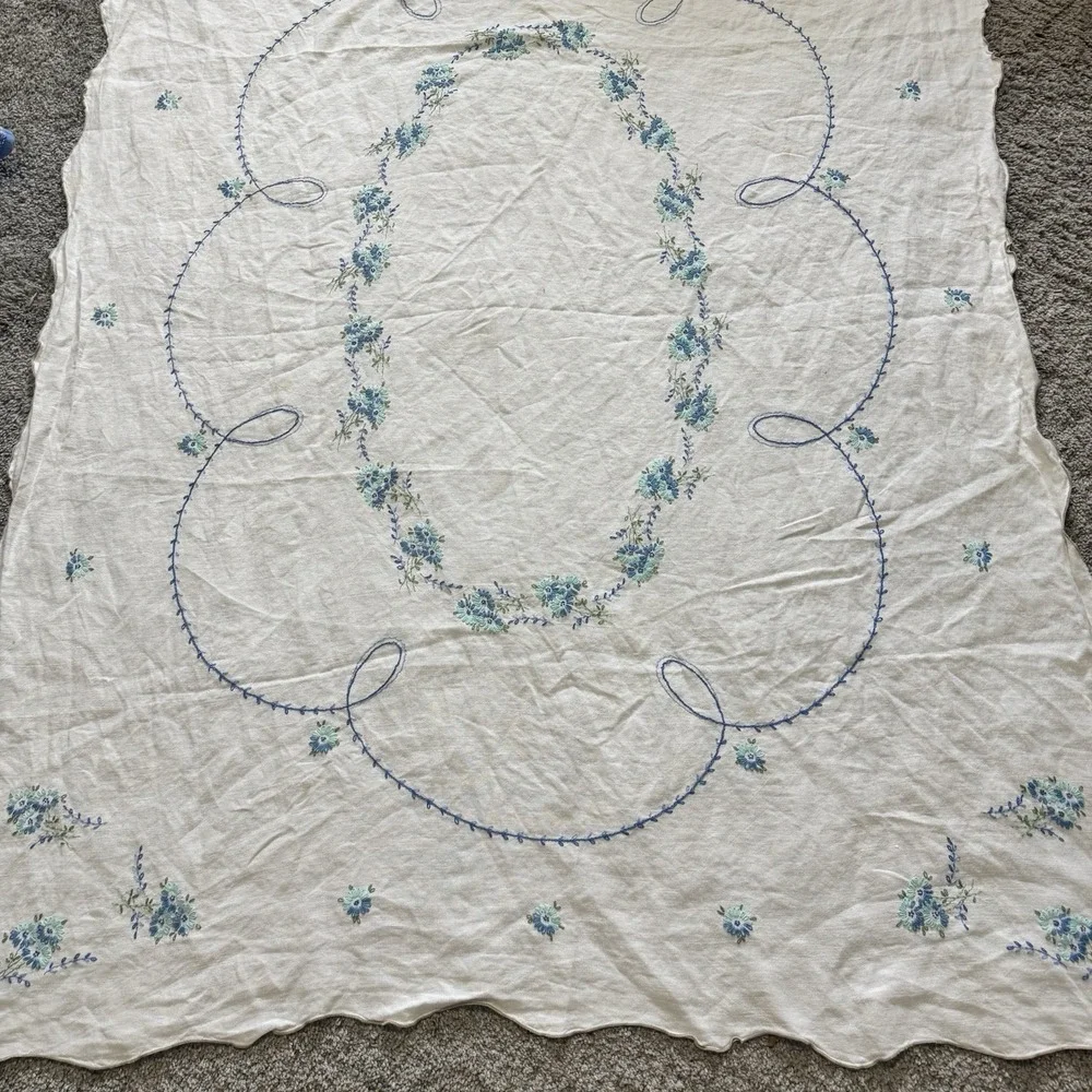 Blue Flower Hand Embroidered Rectangle Table Cloth 48